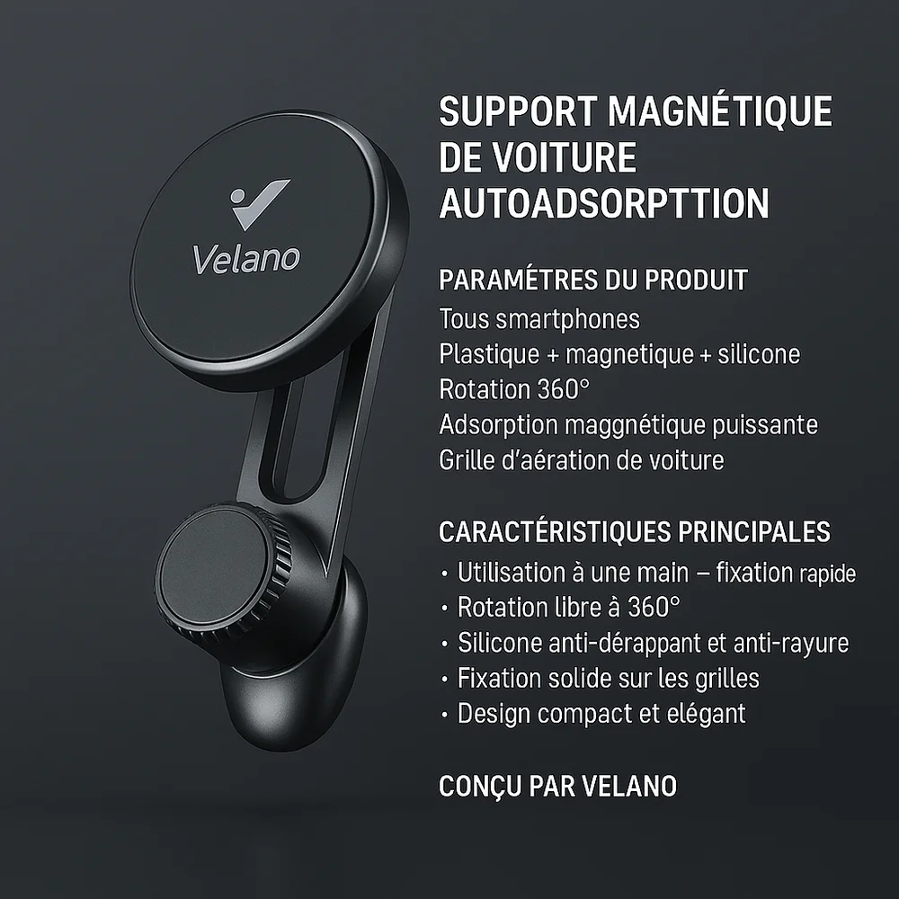 VR-07 – Support Téléphone Magnétique pour Voiture, Compatible MagSafe, Rotation 360°, Fixation Grille d’Aération, Noir thumbnail 3