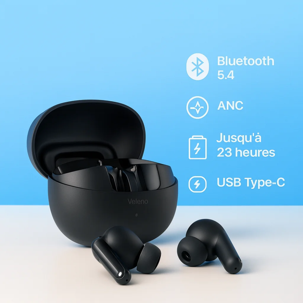 Écouteurs Sans Fil  V-PRO Noir – ANC/ENC, Bluetooth 5.4, Boîtier Rechargeable, Double Connexion 2.4G