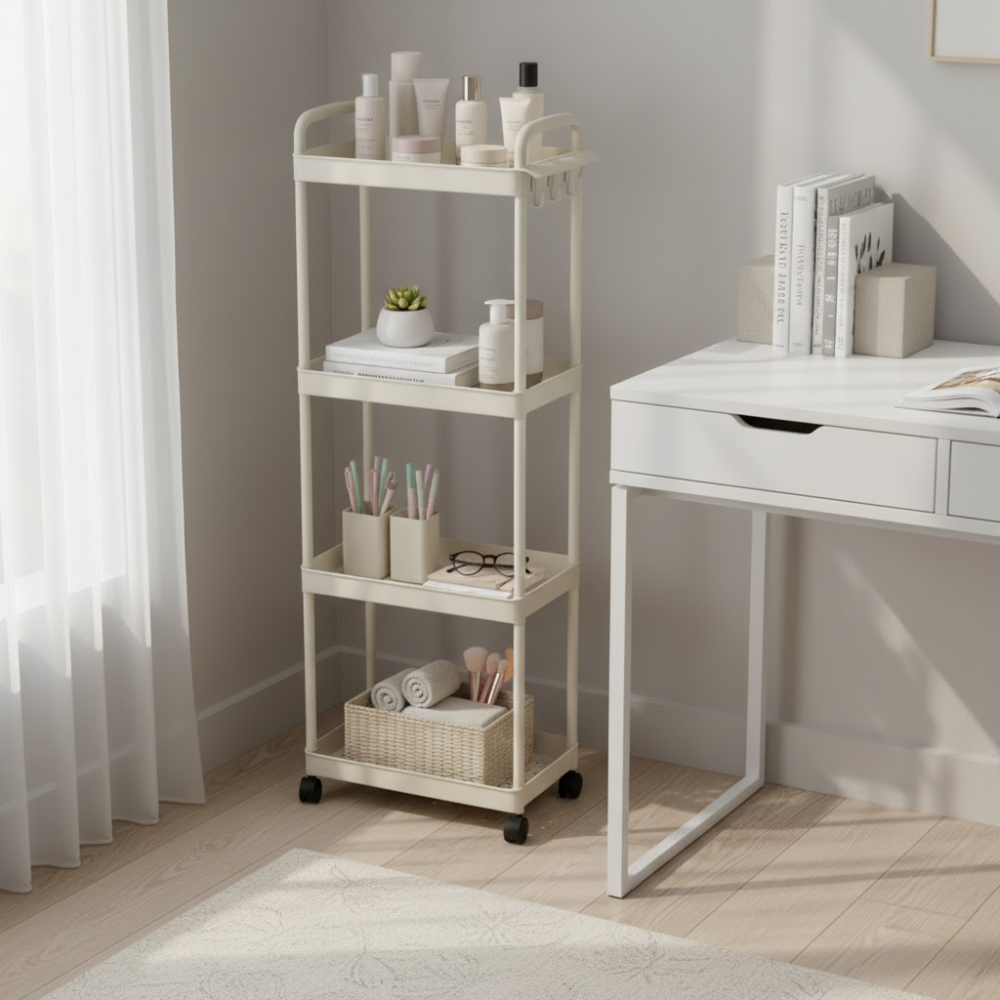 Étagère de Rangement Multifonction à 4 Niveaux avec Roulettes blanc  thumbnail 4