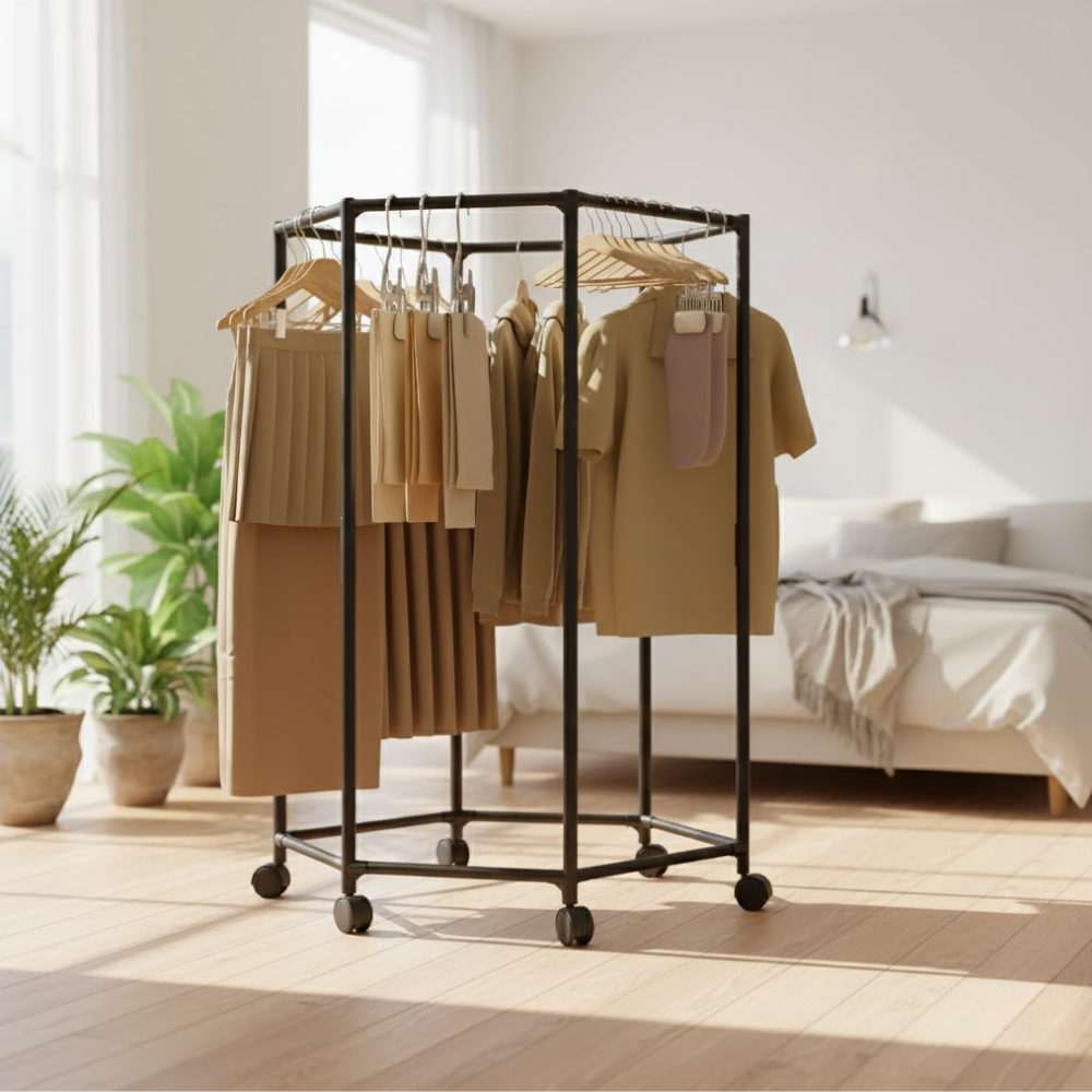 Porte Vêtements Métal Noir Robuste à Roues - Rangement Mobile 6 Tiges thumbnail 7