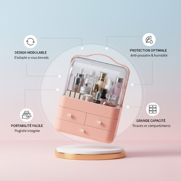 Organisateur Maquillage Premium LD-288 Étanche & Anti-Poussière Grand Espace Design Moderne & Portable ROSE thumbnail 3