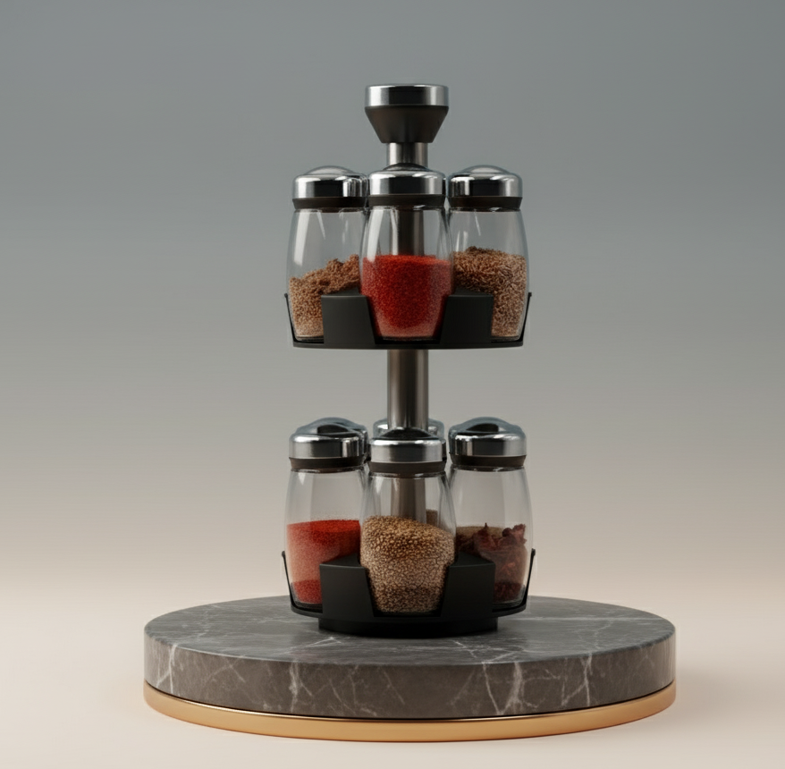 Support à Épices Rotatif 360° – Organisateur avec 12 Pots en Verre et Finition Métallique Polie pour Cuisine