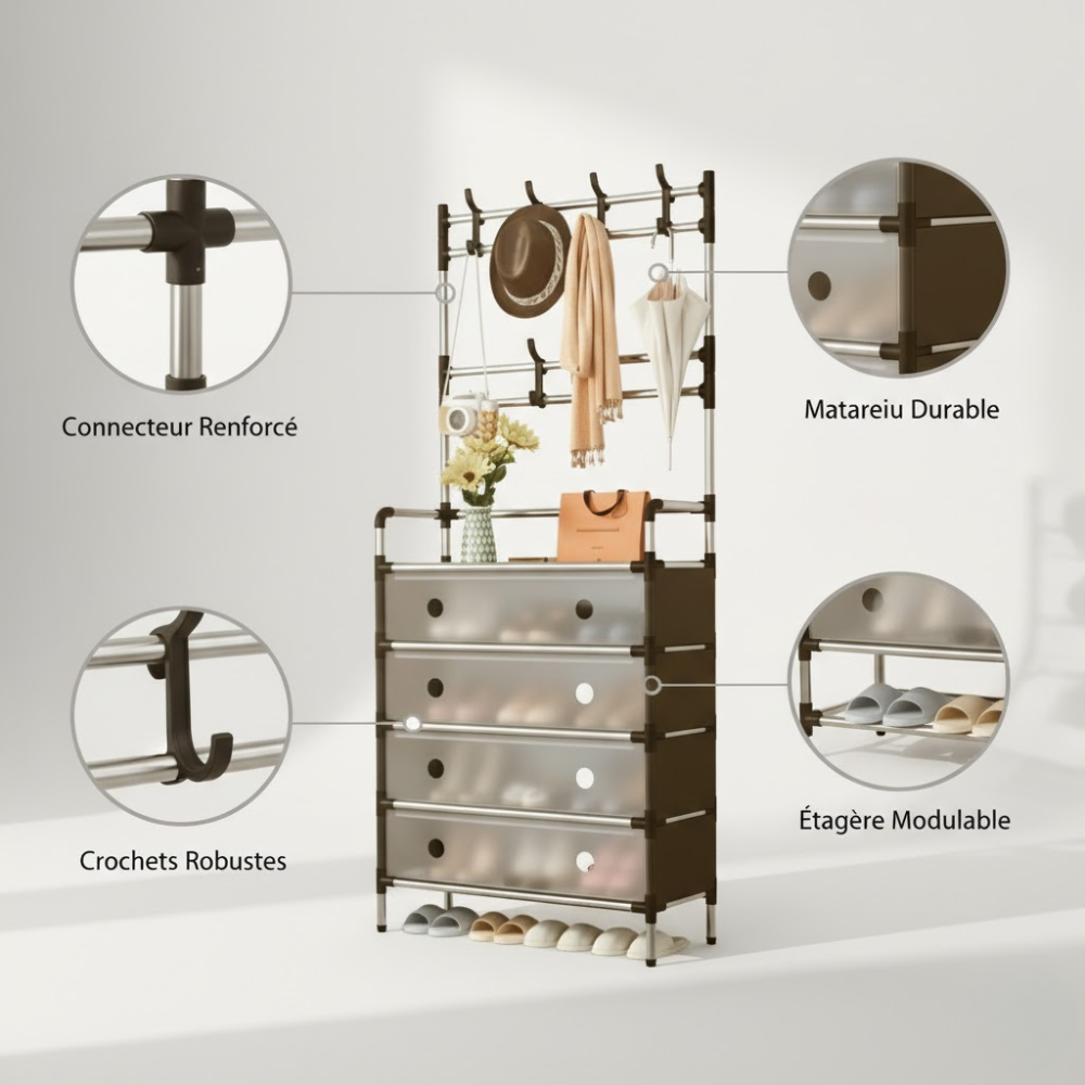 Meuble De Rangement D’entrée 2-en-1 – 4 Tiroirs + Porte-manteaux Intégré