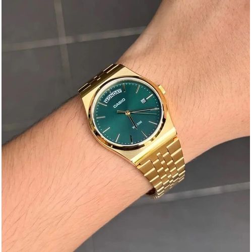 Montre Homme Cadran Vert Bracelet Acier Inoxydable Doré Étanche