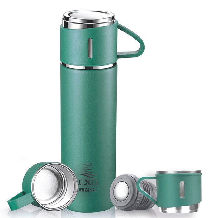 Coffret cadeau - LUXUS - Thermos 500 ml - 3 tasses isothermes - Acier inoxydable - Vert thumbnail 1