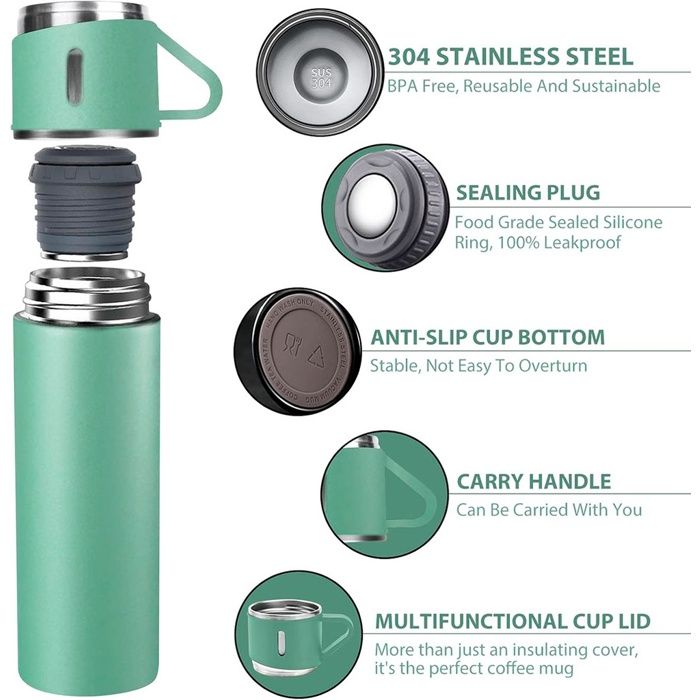 Coffret cadeau - LUXUS - Thermos 500 ml - 3 tasses isothermes - Acier inoxydable - Vert thumbnail 2