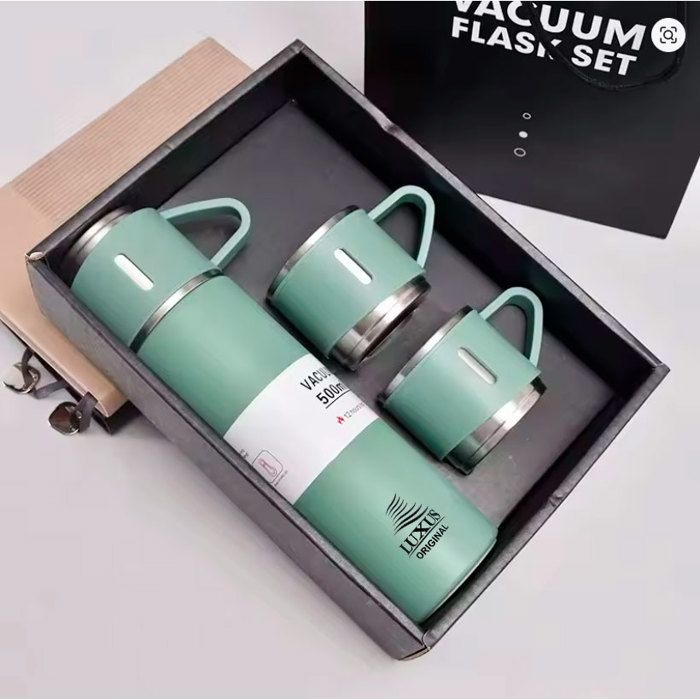 Coffret cadeau - LUXUS - Thermos 500 ml - 3 tasses isothermes - Acier inoxydable - Vert thumbnail 3