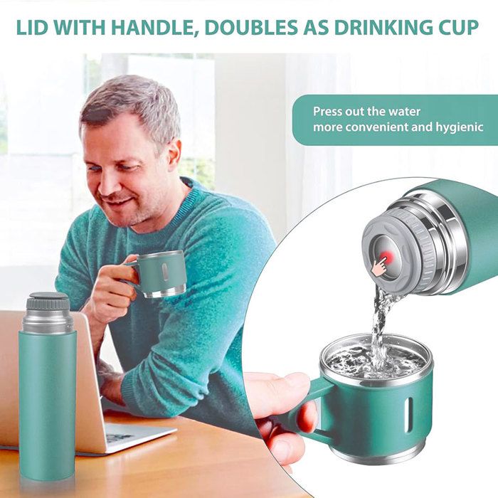 Coffret cadeau - LUXUS - Thermos 500 ml - 3 tasses isothermes - Acier inoxydable - Vert thumbnail 4