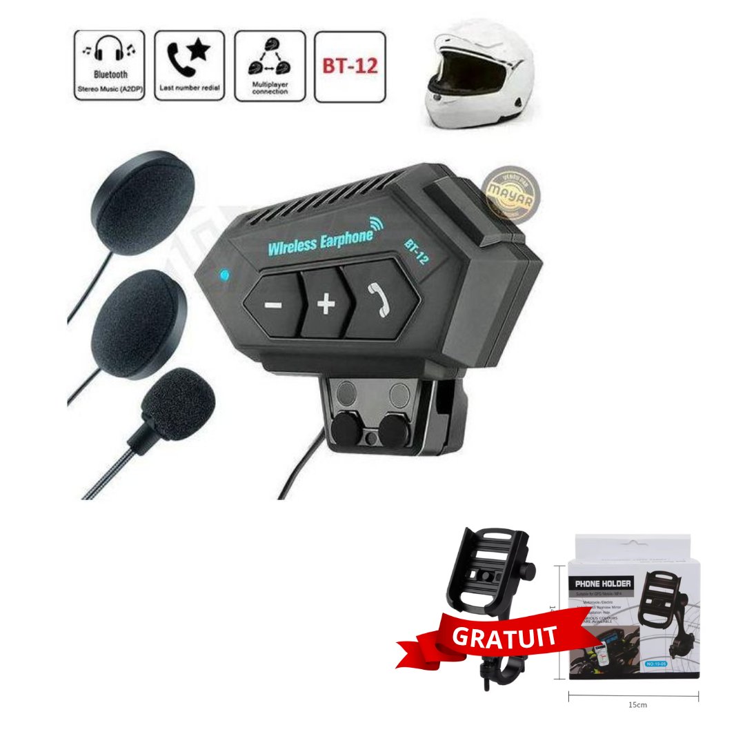 Casque Bluetooth Moto BT12 – Étanche, Micro Intégré, Contrôle Musique+SUPPORT MOTO