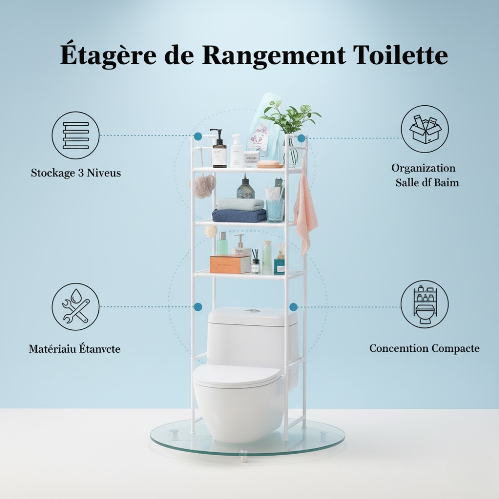 Rangement Salle De Bain Au-dessus Des Toilettes – 3 Niveaux Design Moderne - Couleure Aleatoire thumbnail 8