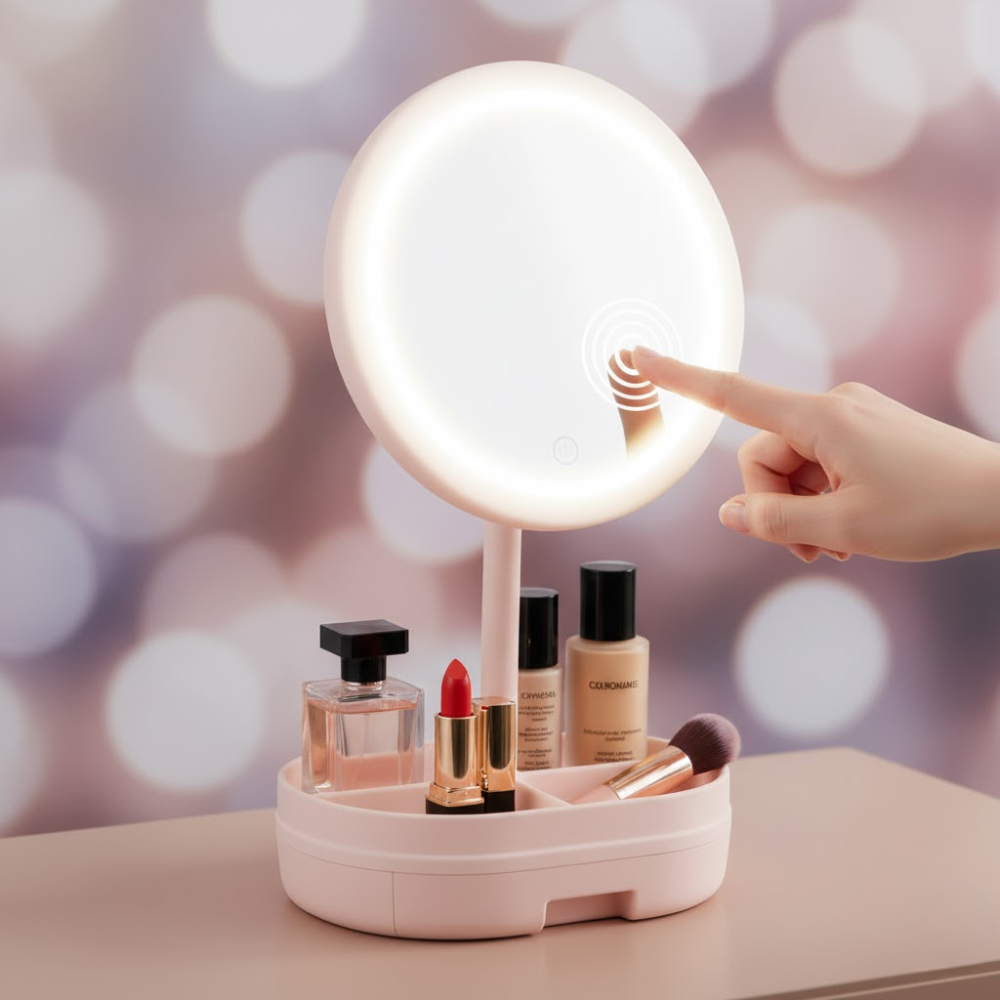 Miroir LED avec accessoire de maquillage rose thumbnail 1