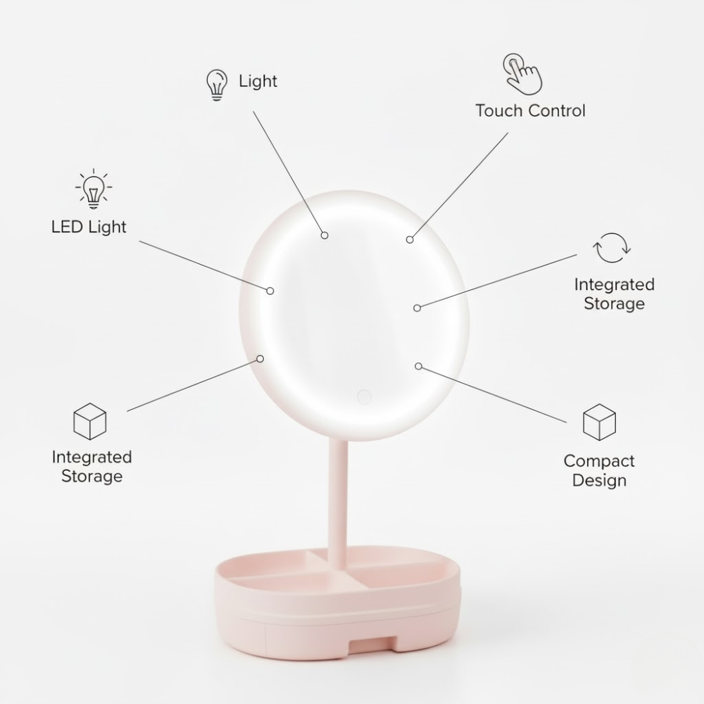 Miroir LED avec accessoire de maquillage rose thumbnail 3