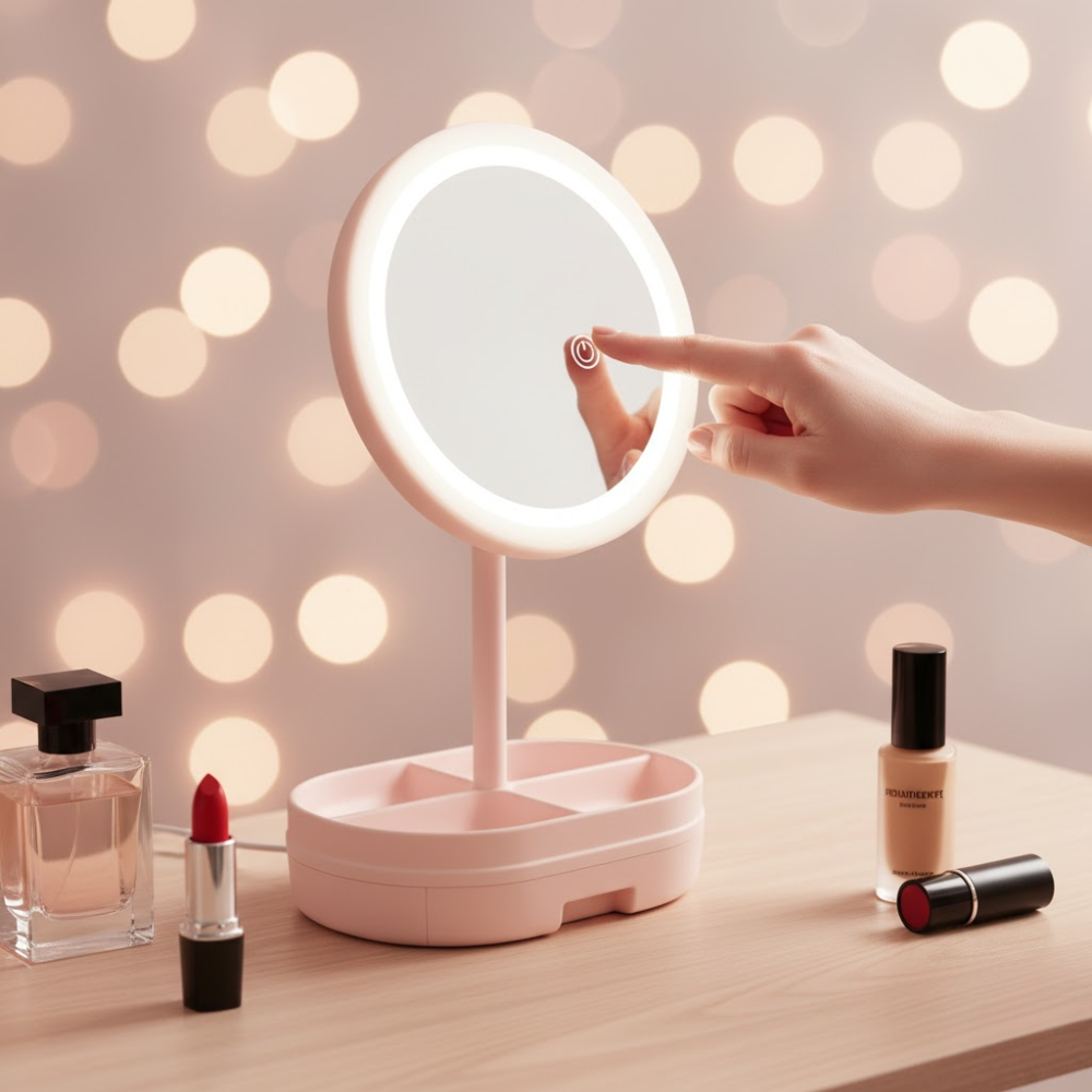 Miroir LED avec accessoire de maquillage rose thumbnail 5