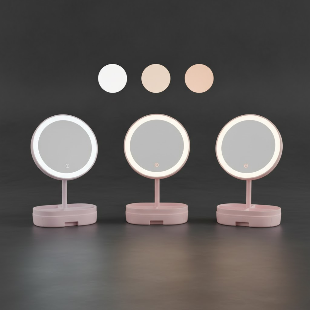 Miroir LED avec accessoire de maquillage rose thumbnail 6