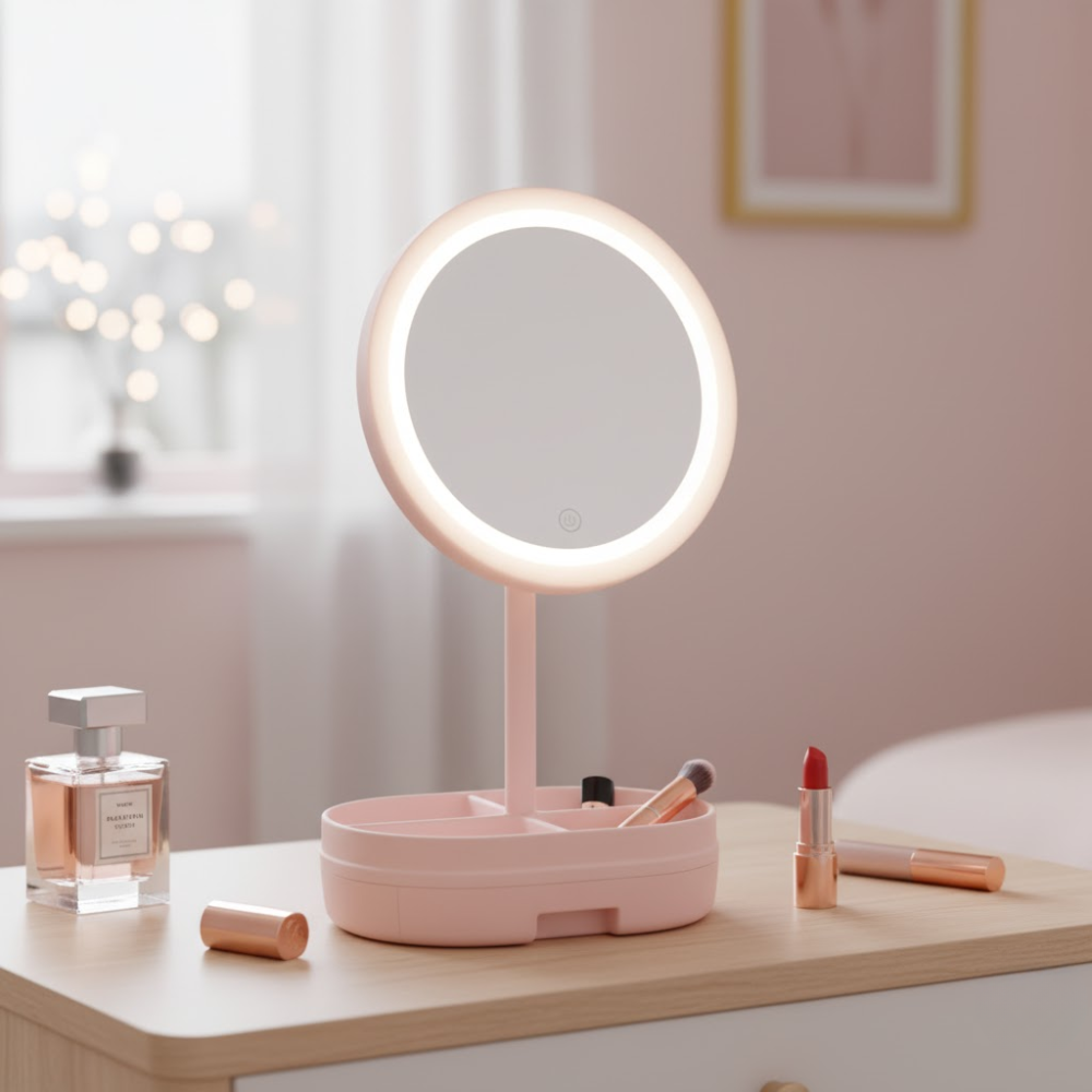 Miroir LED avec accessoire de maquillage rose thumbnail 7
