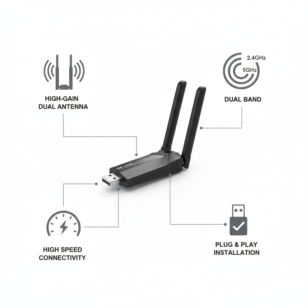 Adaptateur USB WiFi  AC1300 Double Bande – Haute Performance avec Antennes à Gain Élevé thumbnail 3