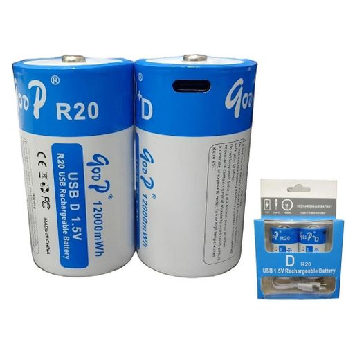 Goop 2 Batterie rechargeable 1.5V de grande capacité Type D R20 12000 mWh USB C