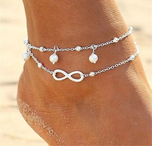 Bracelet de cheville double chaine Infini avec perles Ajustable. thumbnail 1