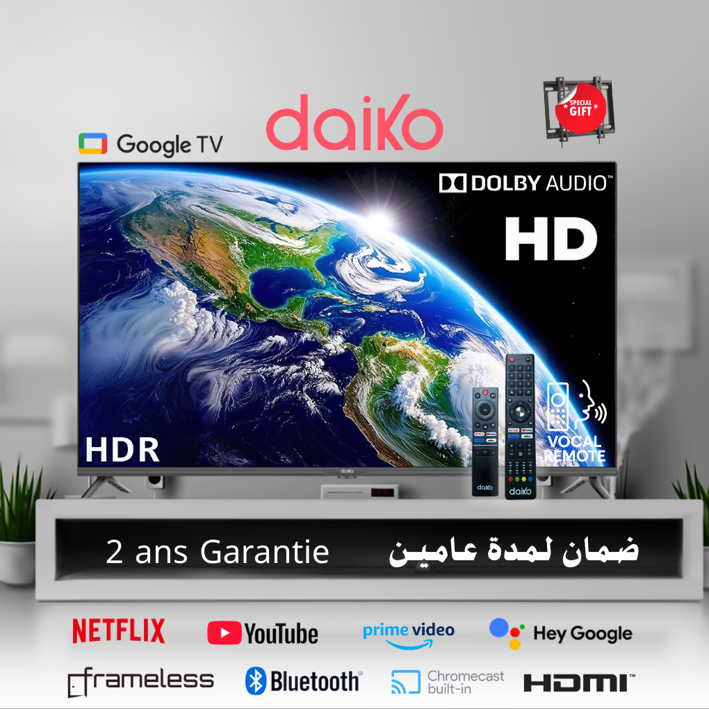 32 HD Smart Google TV sans cadre Bluetooth Dolby Audio, HDR10, 2 ans garantie + Support Gratuit