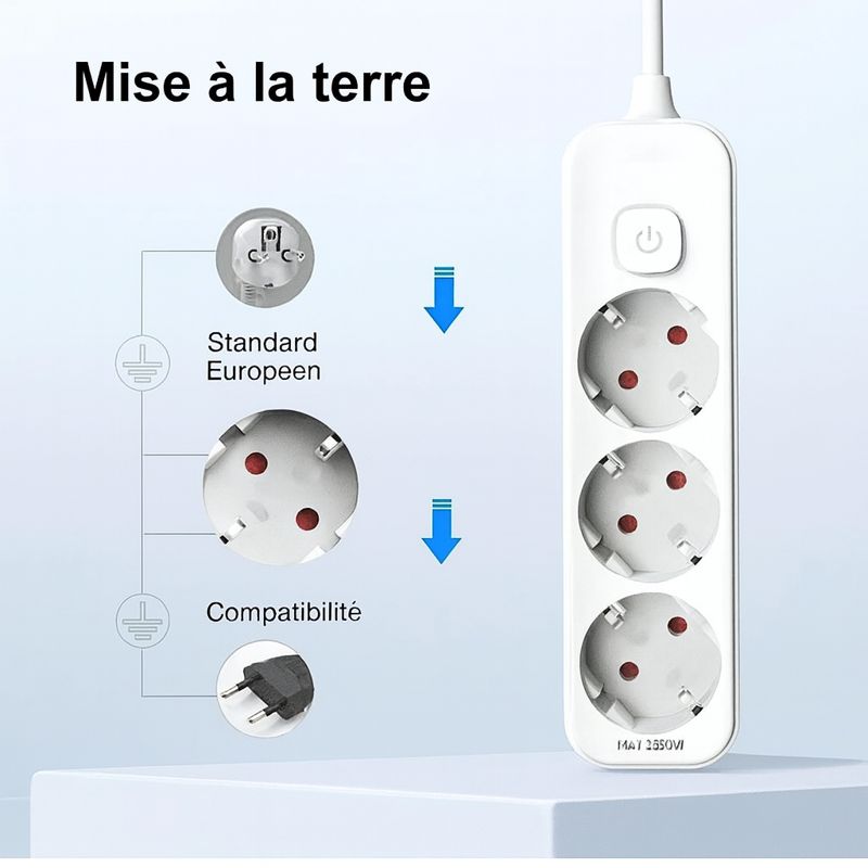 Deli Super Rallonge Multiprise 3 prises avec interrupteur câble 1.8M sécurité enfant 16A, 3680W thumbnail 3