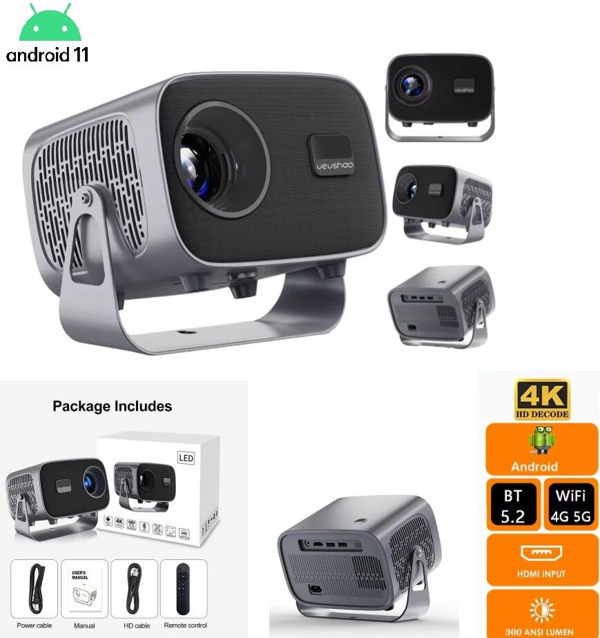 Video Projecteur intelligent portable Bluetooth Android 11.0, 1280P 2.4G/5G WiFi, LED 4K electronic focus Auto keystone Home Cinéma