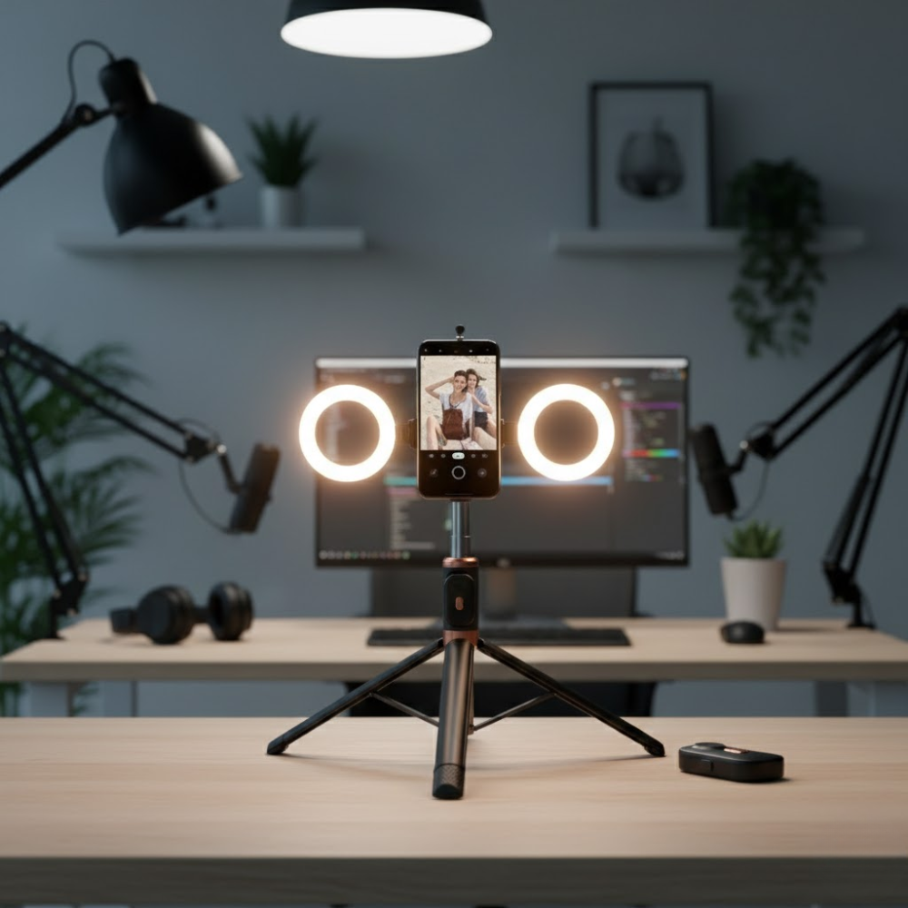 Selfie stick multifonction avec trépied et support téléphone thumbnail 1