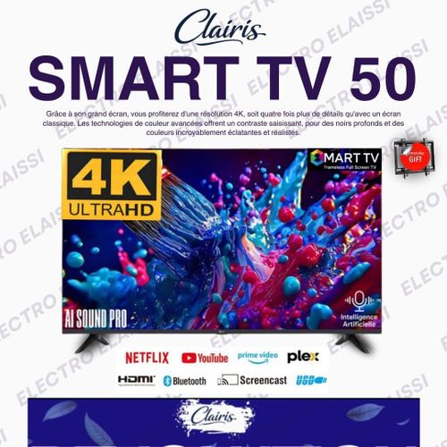 Smart Tv 50 – 4k Uhd – Android Tv – Récepteur Satellite & Tnt Intégrés – Wifi & Hdmi + Support