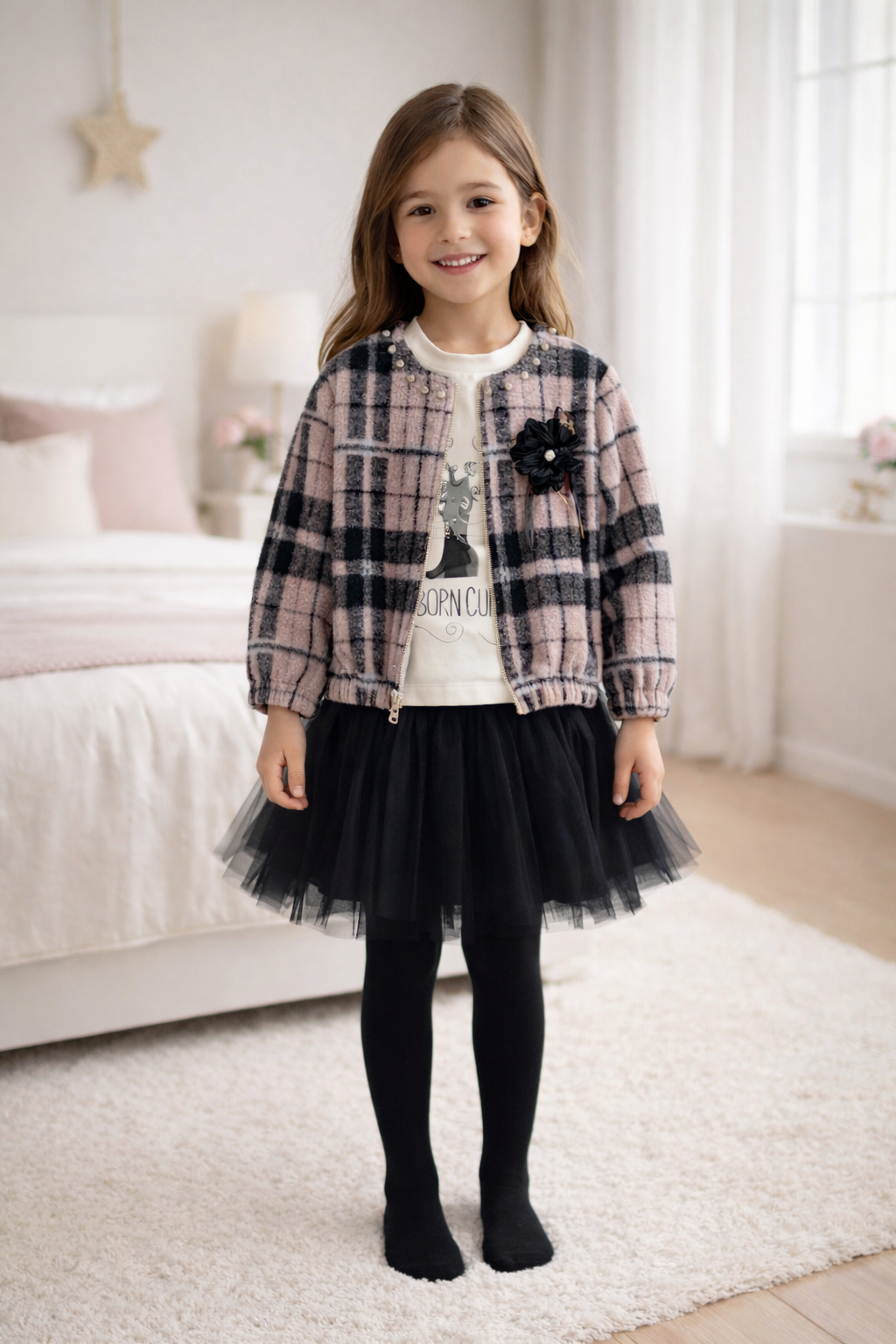 Ensemble Fille Élégant À Carreaux Avec Jupe En Tulle