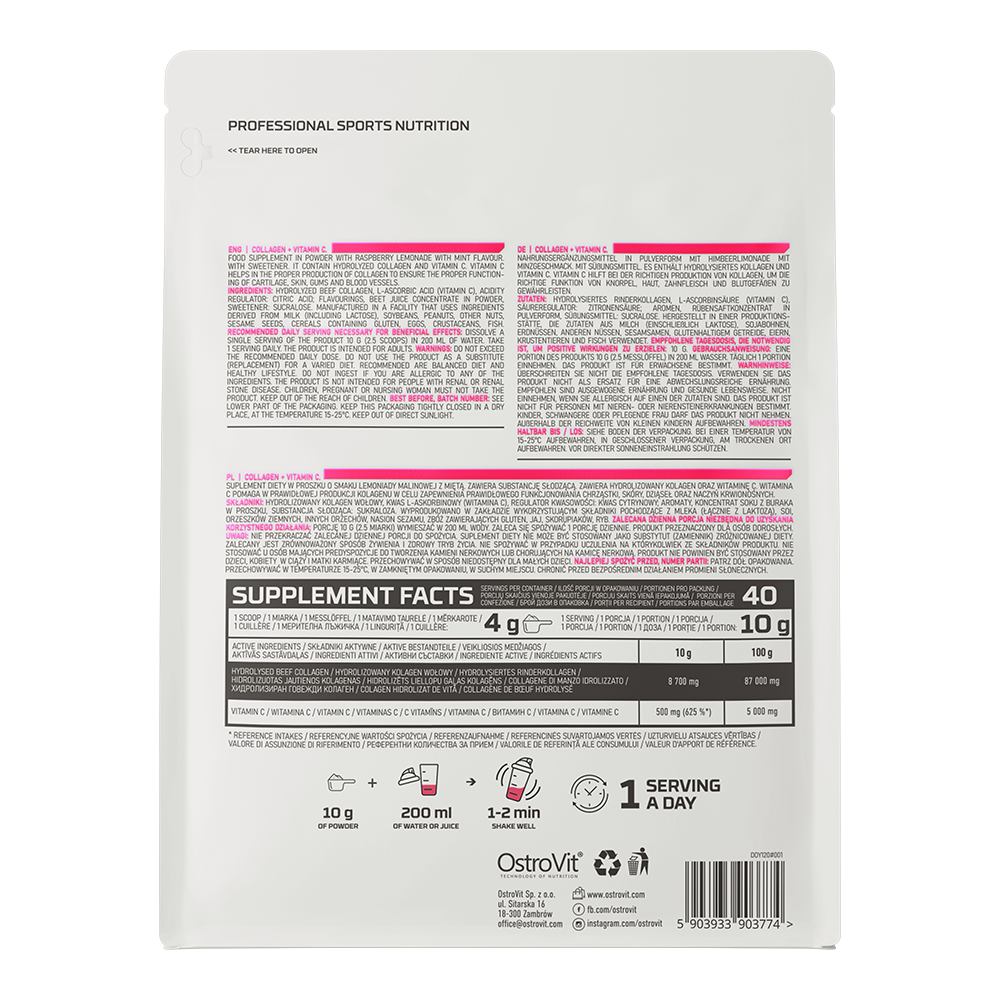 Collagen + Vitamin C 400 G Raspberry Lemonade With Mint | Collagène Hydrolysé Pour Peau, Articulations & Beauté thumbnail 3