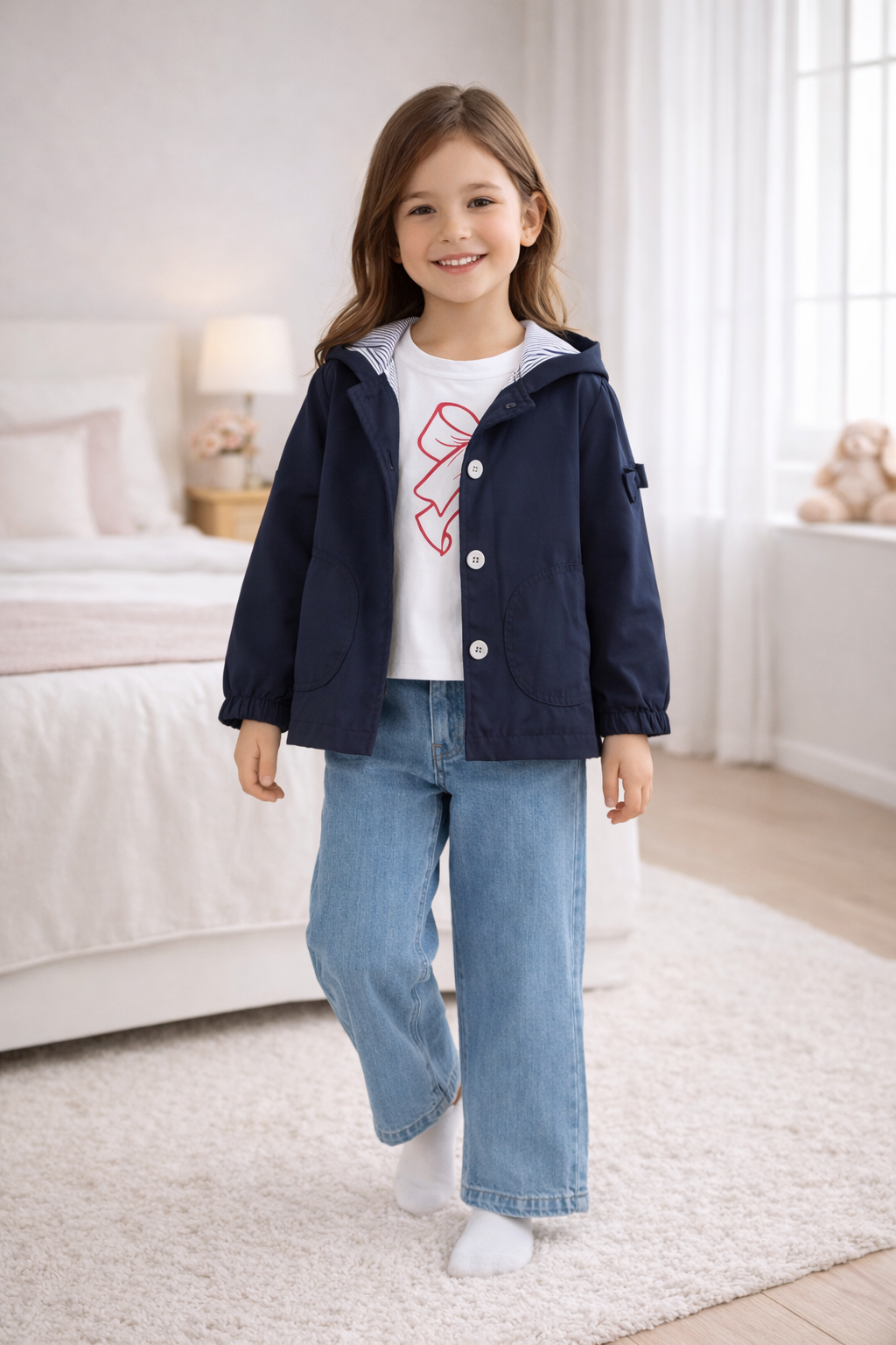 Ensemble Fille Veste Légère À Capuche, T-shirt Imprimé Et Jean