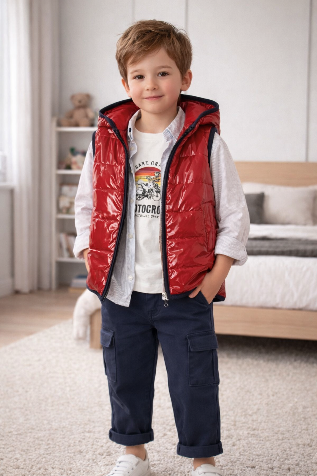 Ensemble Garçon Gilet Matelassé Sans Manches, Chemise, T-shirt Et Pantalon Cargo
