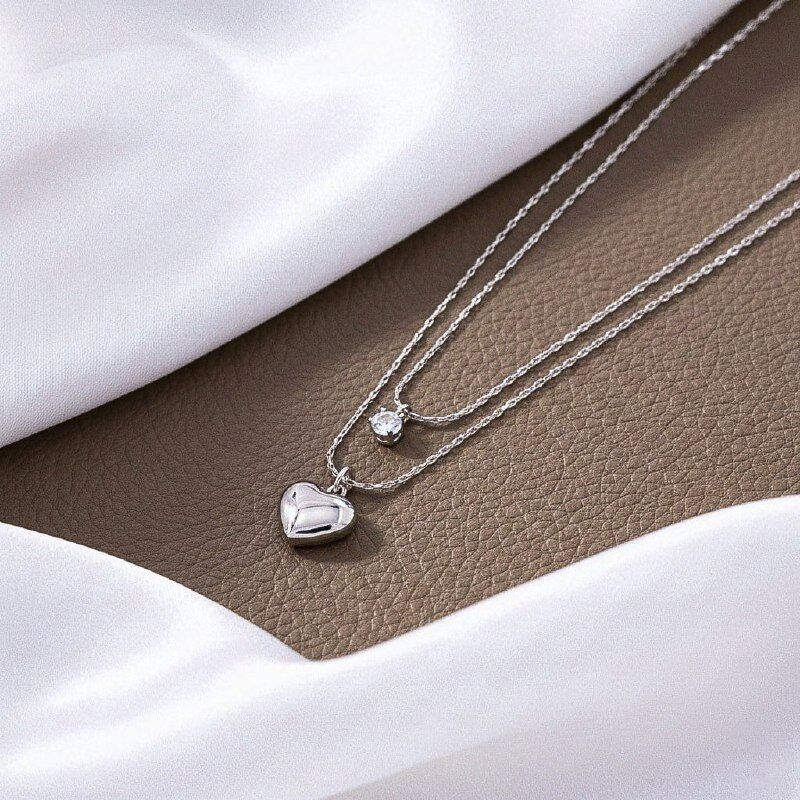 Collier Double Rang Argenté Avec Pendentif Cœur Bombé Et Solitaire Scintillant