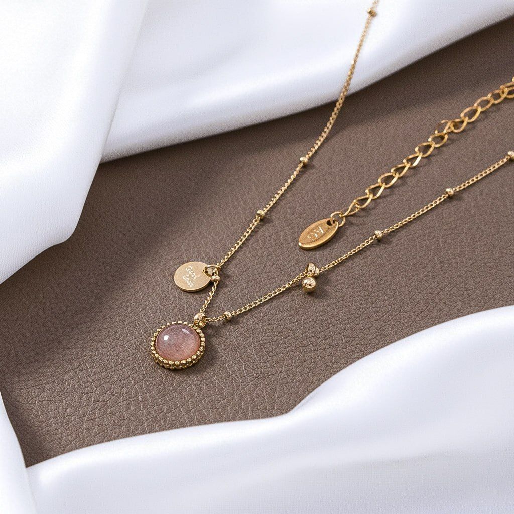 Collier Médaillon Quartz Rose Et Breloque Porte-bonheur