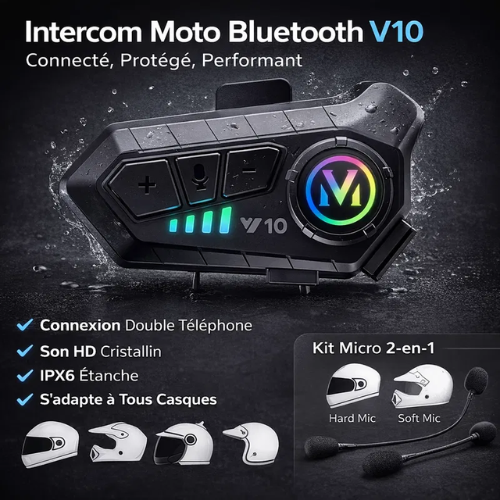 Intercom Moto Bluetooth V10 Étanche Ipx6 – Connexion Double Téléphone (13,1 × 10,2 Cm) thumbnail 3