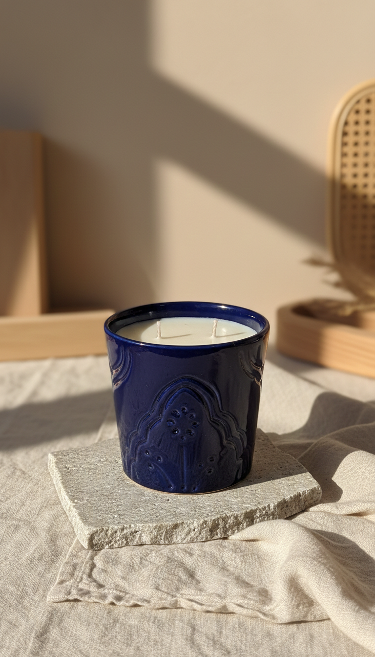 Bougie Parfumée Jasmin Vanille - Pot Argile Bleu Artisanal