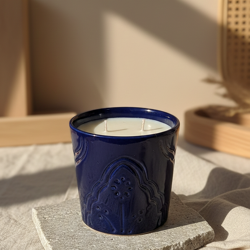 Bougie Parfumée Jasmin Vanille - Pot Argile Bleu Artisanal