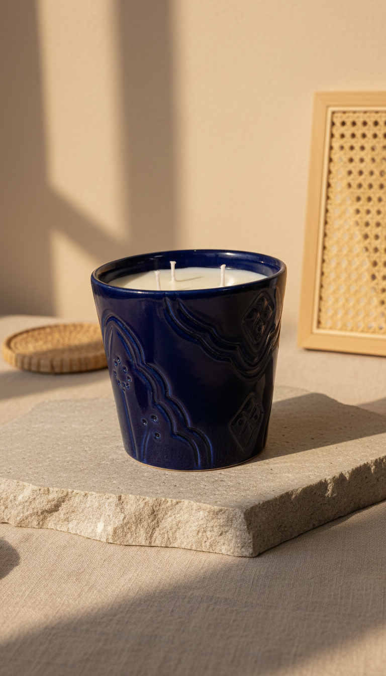 Bougie Parfumée Jasmin Vanille - Pot Argile Bleu Artisanal