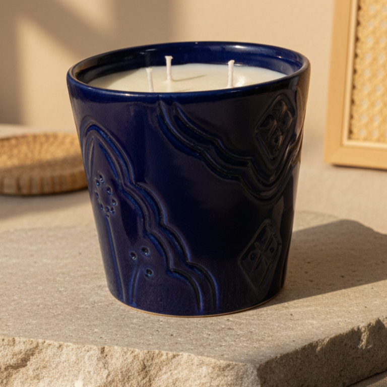 Bougie Parfumée Jasmin Vanille - Pot Argile Bleu Artisanal thumbnail 3