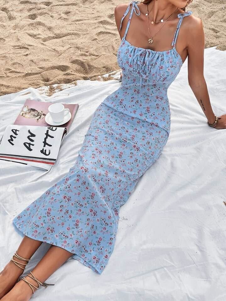 Robe À Fines Brides À Imprimé Fleuri À Ruchés