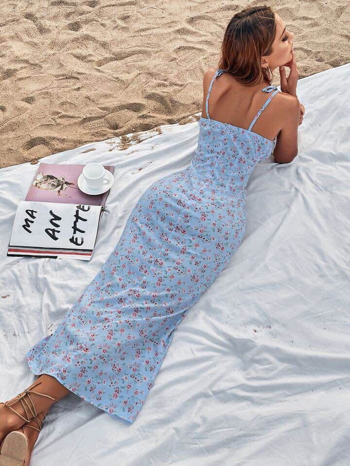 Robe À Fines Brides À Imprimé Fleuri À Ruchés thumbnail 4