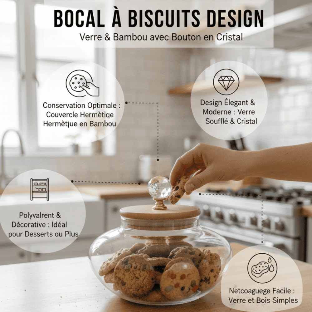 Bocal À Biscuits Design – Verre & Bambou Avec Bouton En Cristal