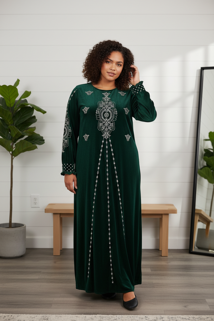 Robe En Velours Émeraude Brodée