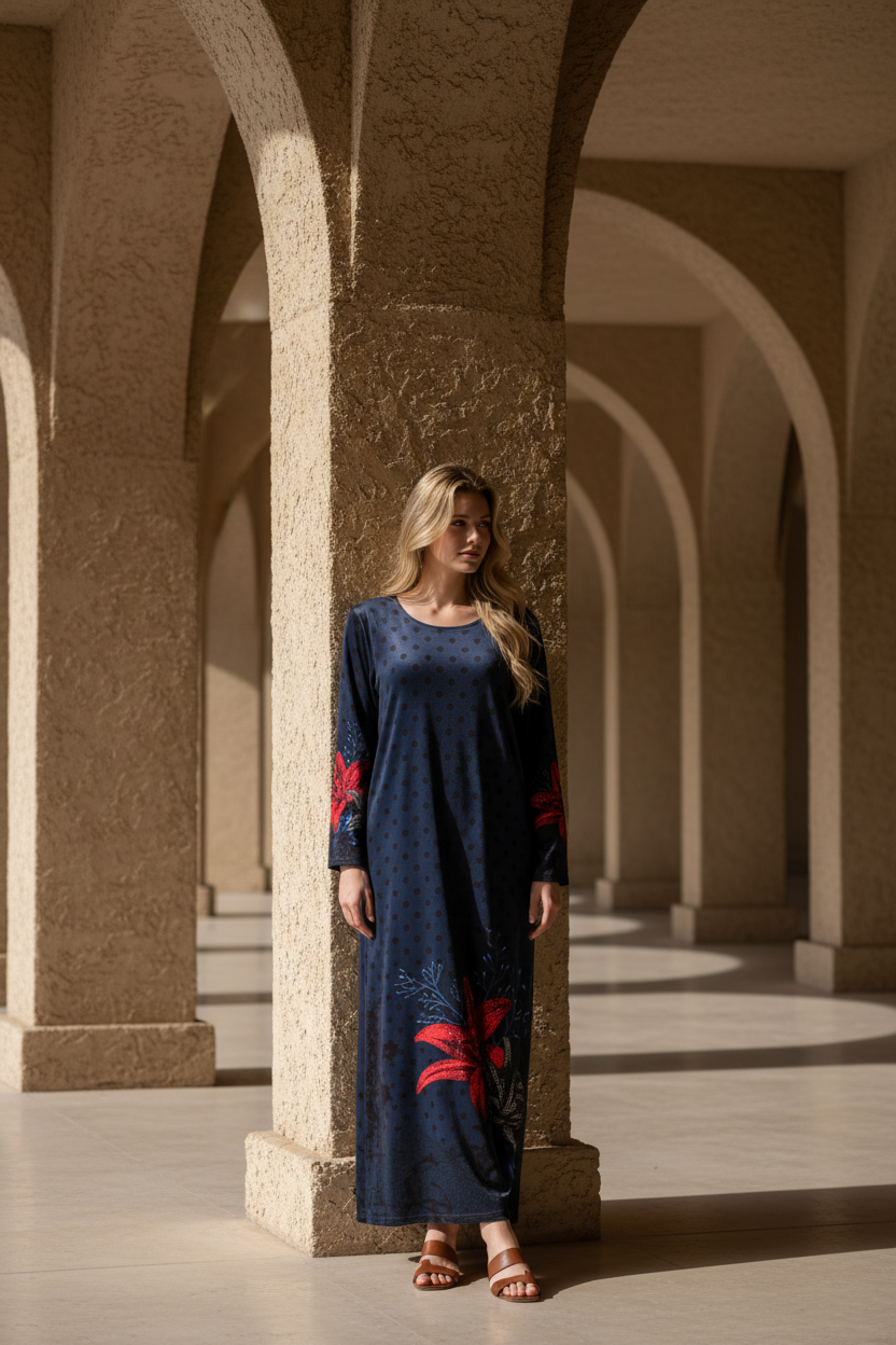 Jalabiya Bleu À Motifs Floraux