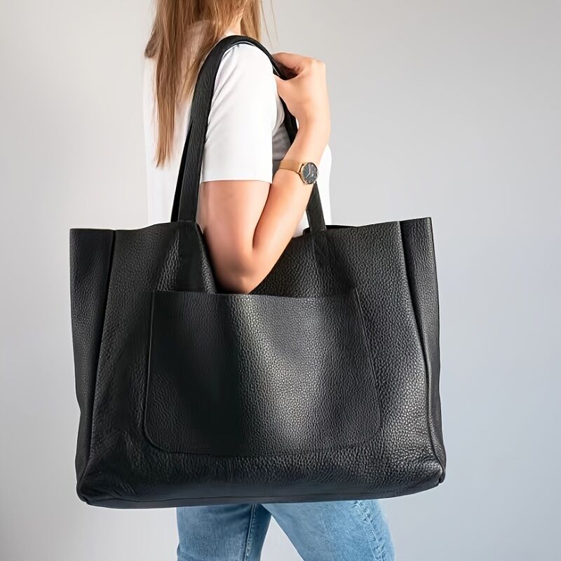 Grand Sac À Main Fourre-tout Noir Avec Poche Extérieure Et Intérieure – Style Oversize