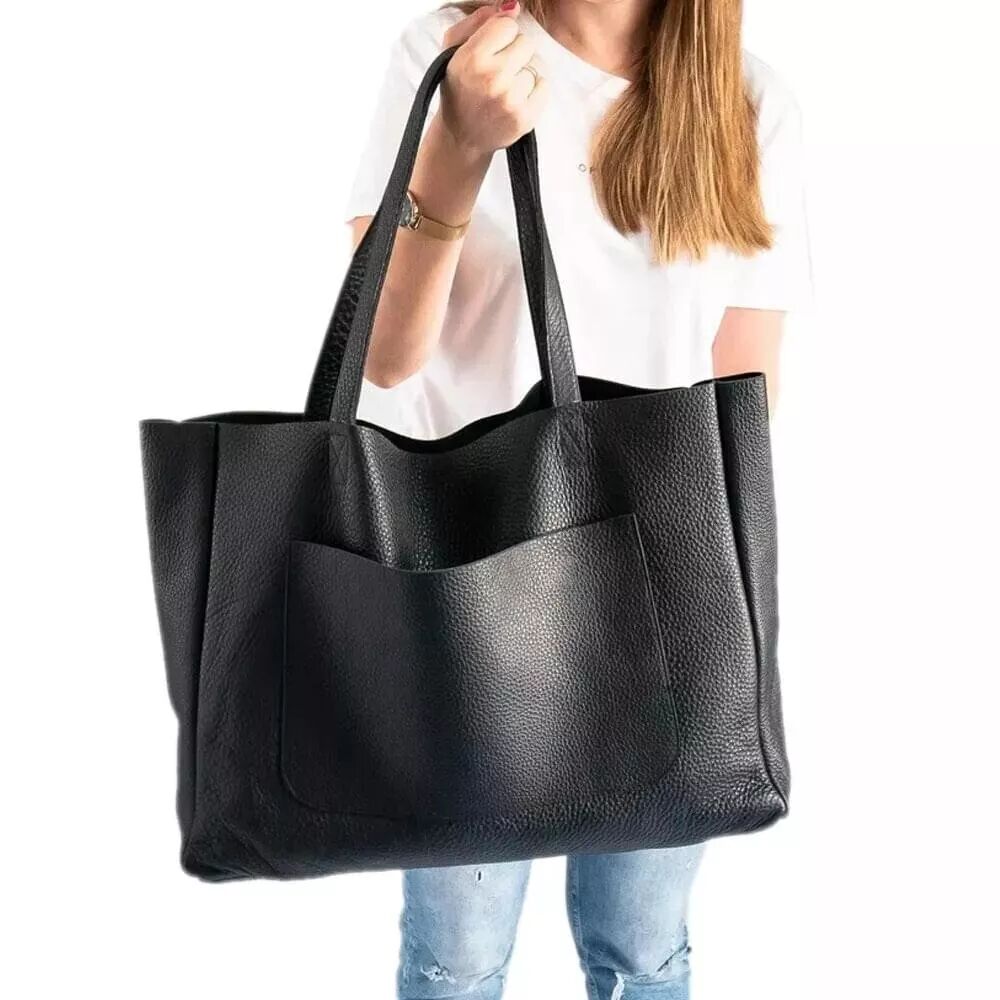 Grand Sac À Main Fourre-tout Noir Avec Poche Extérieure Et Intérieure – Style Oversize