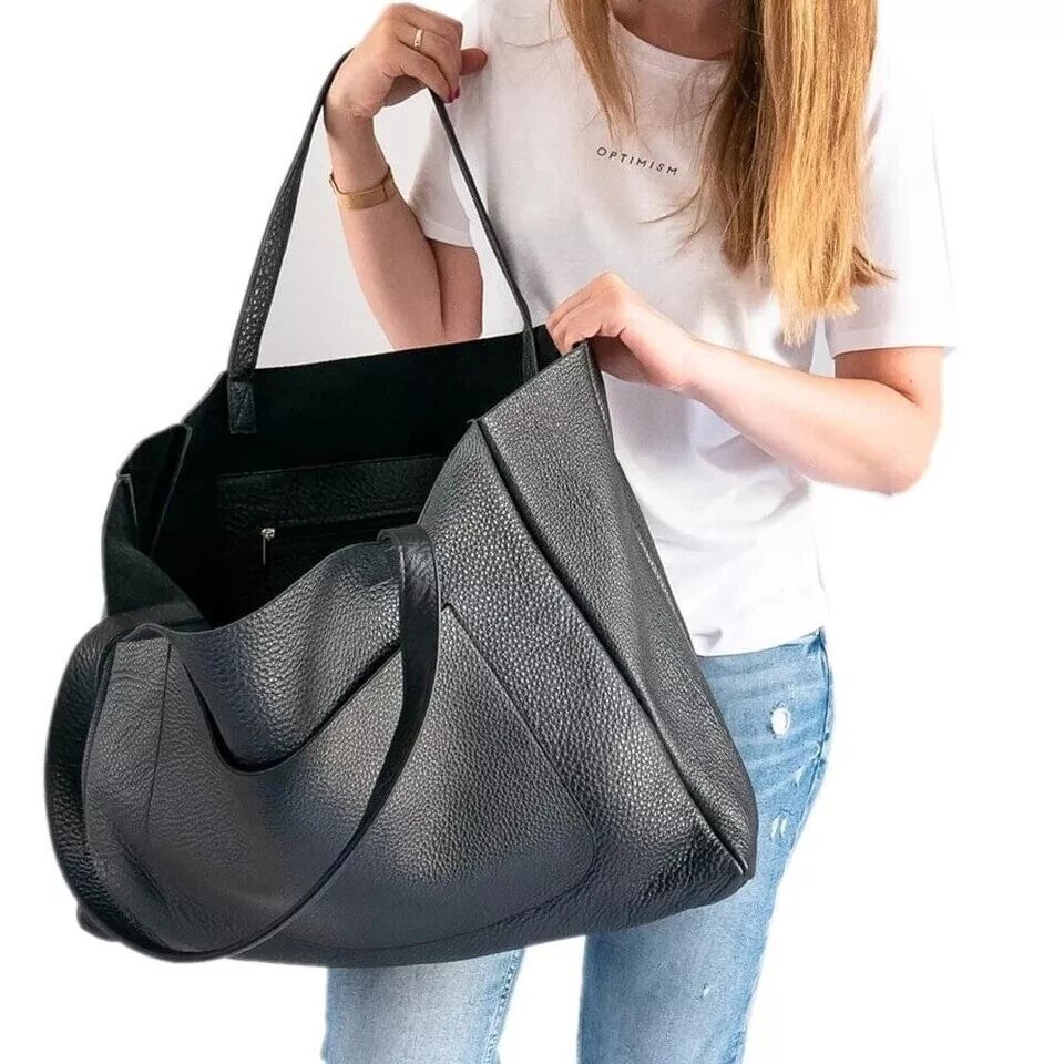 Grand Sac À Main Fourre-tout Noir Avec Poche Extérieure Et Intérieure – Style Oversize thumbnail 3