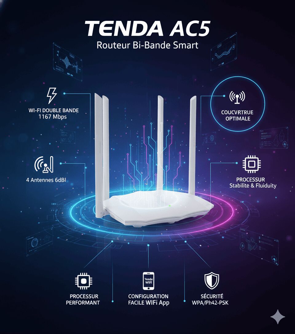 Routeur Wi-fi Tenda Ac1200 Ac5 – Double Bande, Haute Vitesse & Antennes Puissantes