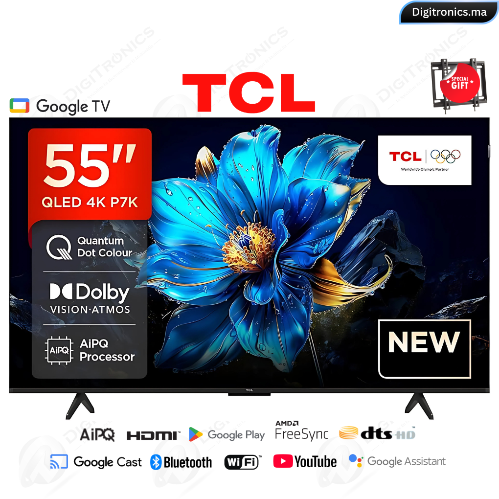 TCL 55 QLED 4K UHD Smart Google Tv, Dolby Vision HDR10+, Slim & Uni-body + Support gratuit, 55P7K