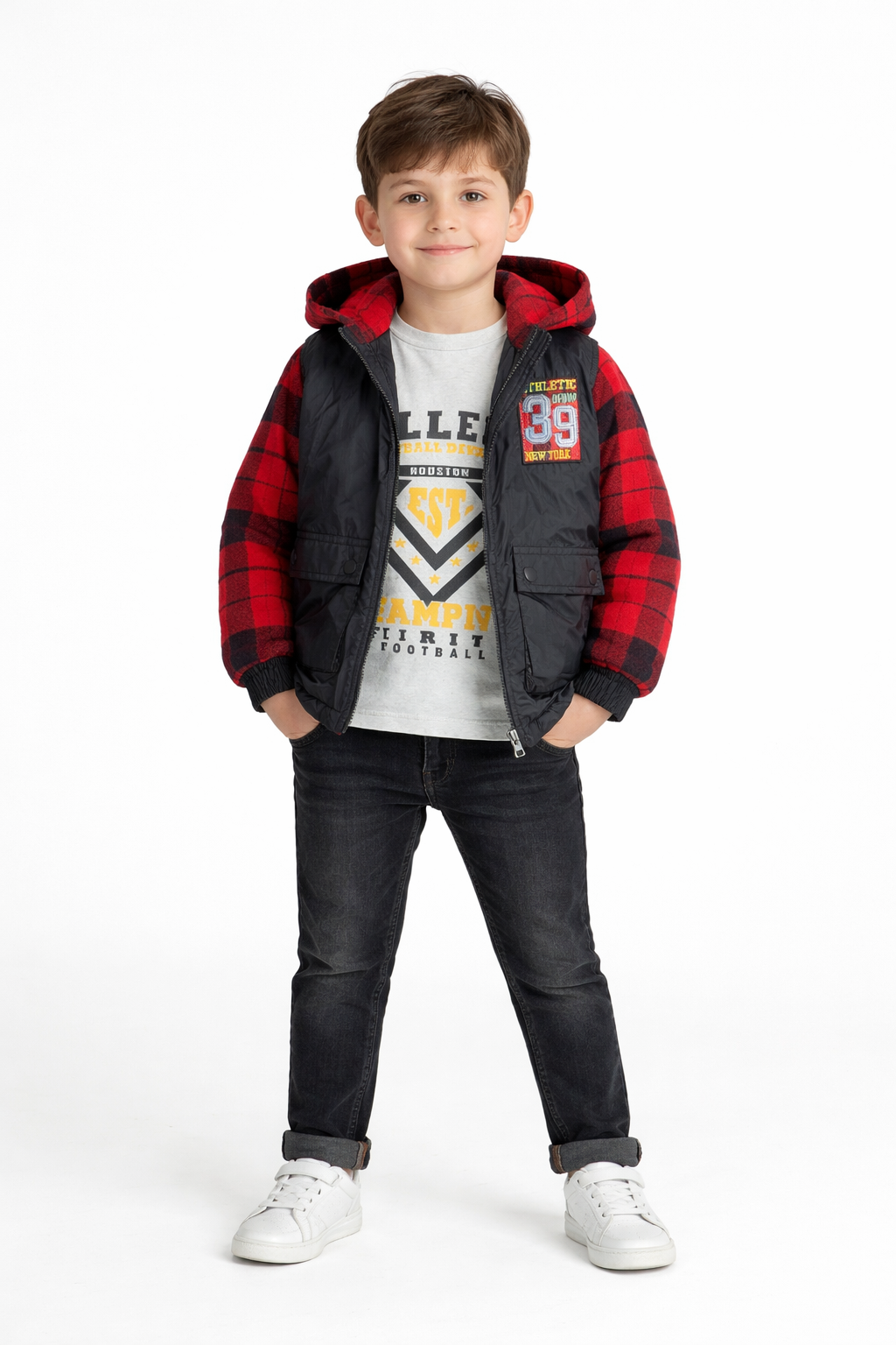 Veste Garçon Avec Capuche Tricot En Coton + Jean Noir – Style Sport