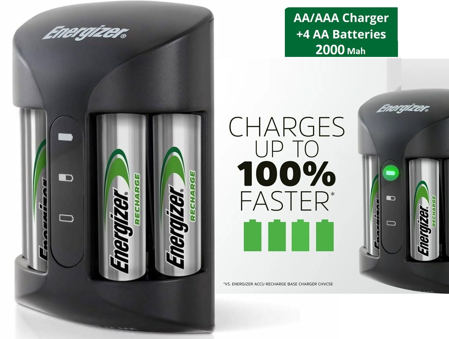 Chargeur De Batteries Aa Et Aaa Accu Recharge Pro + 4 Piles Aa 2000mah Avec Indicateur Led